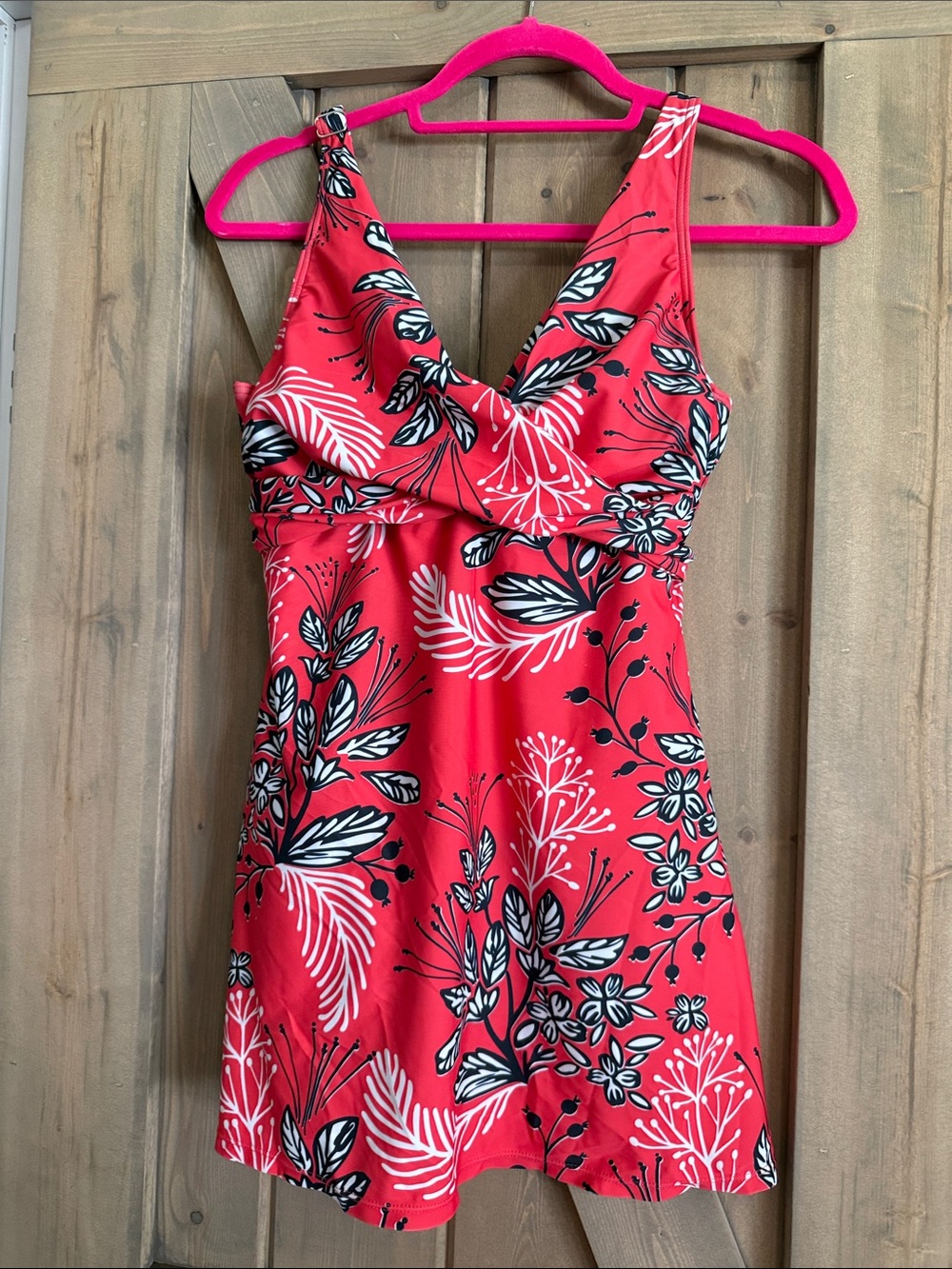 Red Floral One-Piece Swim Dress with V-Neck